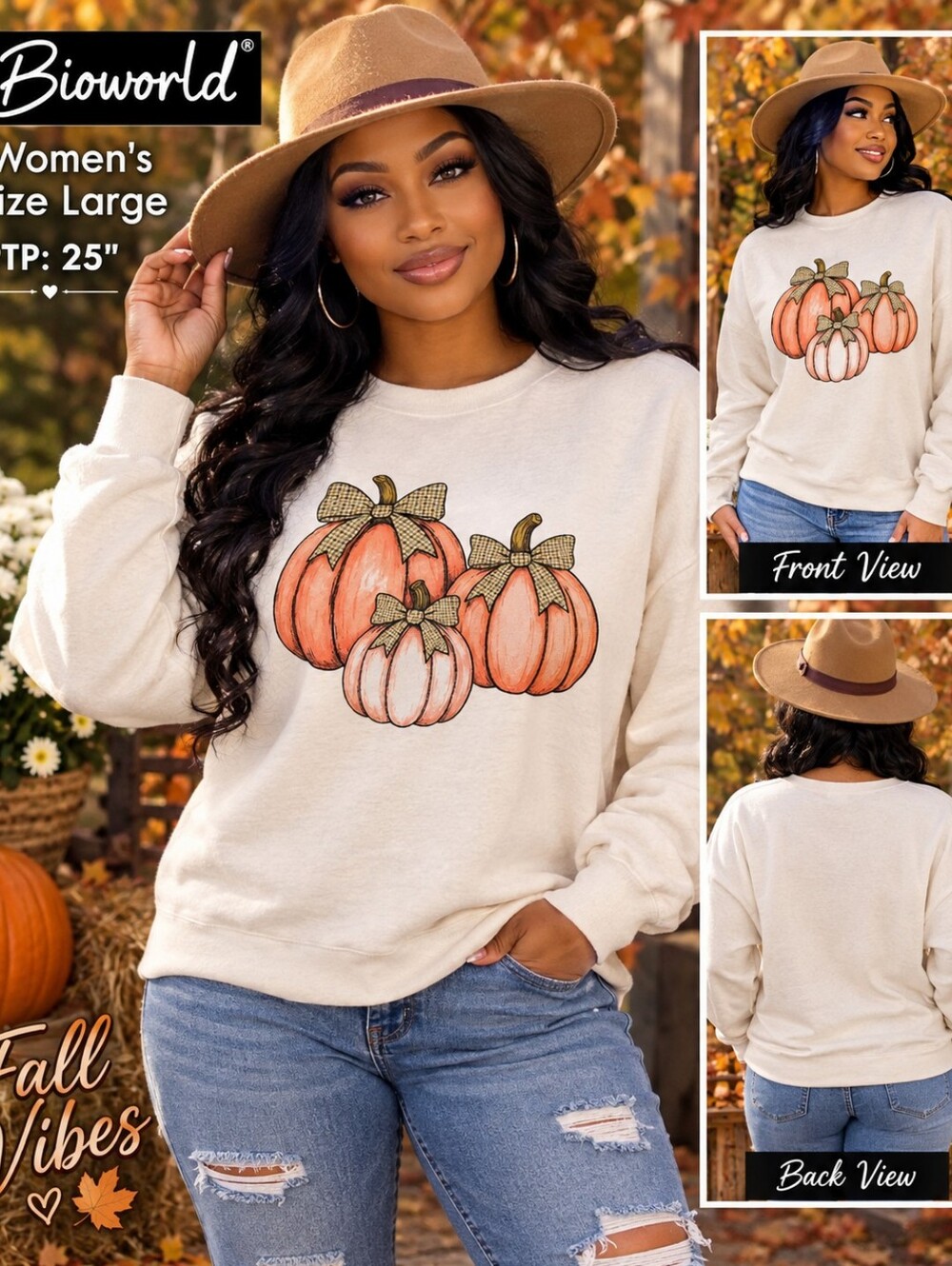 Bioworld Oversized Cream Graphic Sweatshirt with Tangerine orange Color Pumpkin